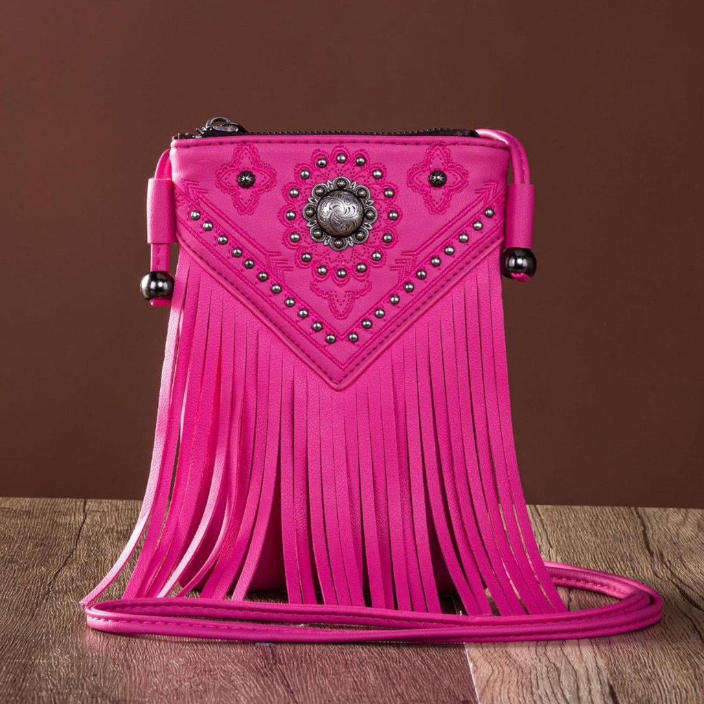 Pink Tassel Crossbody Cell Phone Purse For Women Western Shoulder Bag With Strap